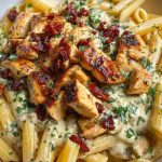 Garlic Butter Chicken Penne with Creamy Three-Cheese Sauce