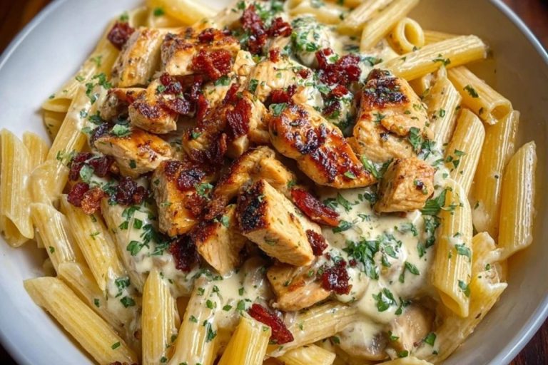 Garlic Butter Chicken Penne with Creamy Three-Cheese Sauce