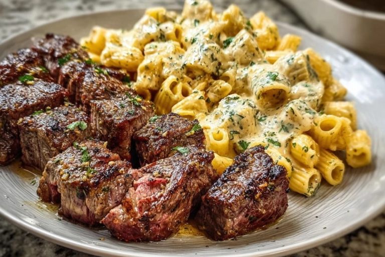 Garlic Butter Steak with Creamy Parmesan Rigatoni