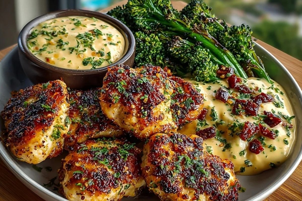 Garlic-Parmesan Chicken Bites with Sun-Dried Tomato Cajun Alfredo & Charred Broccolini