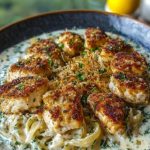 Herbed Chicken Alfredo with Truffle Feta Cream & Crispy Parmesan Leeks