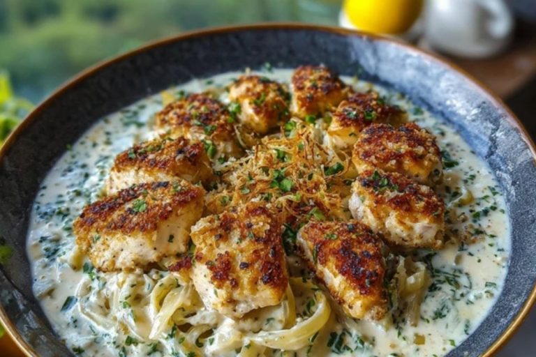 Herbed Chicken Alfredo with Truffle Feta Cream & Crispy Parmesan Leeks