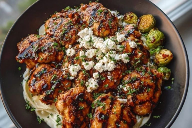 Hot Honey Balsamic Chicken Alfredo with Whipped Feta & Crispy Brussels Chips