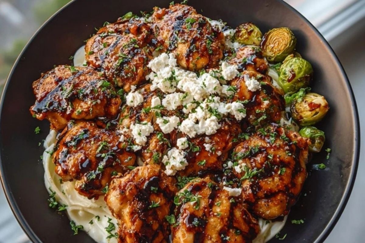 Hot Honey Balsamic Chicken Alfredo with Whipped Feta & Crispy Brussels Chips