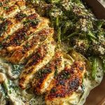 Spinach-Artichoke Greek Chicken Alfredo & Crispy Parmesan Broccoli with Mushroom Basil Cream