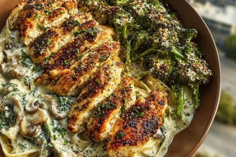 Spinach-Artichoke Greek Chicken Alfredo & Crispy Parmesan Broccoli with Mushroom Basil Cream