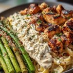 Ultimate Greek Chili Chicken Alfredo Recipe with Smoked Feta Cream & Crispy Parmesan Asparagus