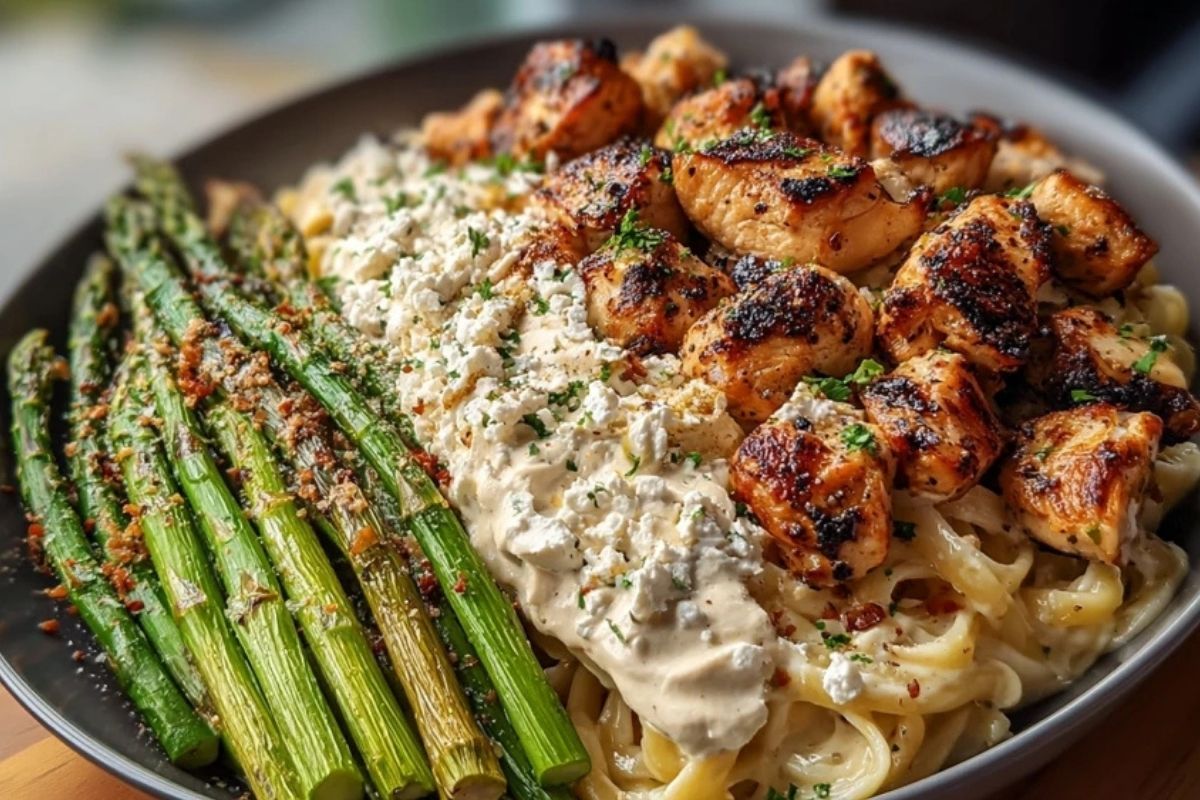 Ultimate Greek Chili Chicken Alfredo Recipe with Smoked Feta Cream & Crispy Parmesan Asparagus