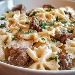 Beef and Bowtie Pasta with Alfredo Sauce 1