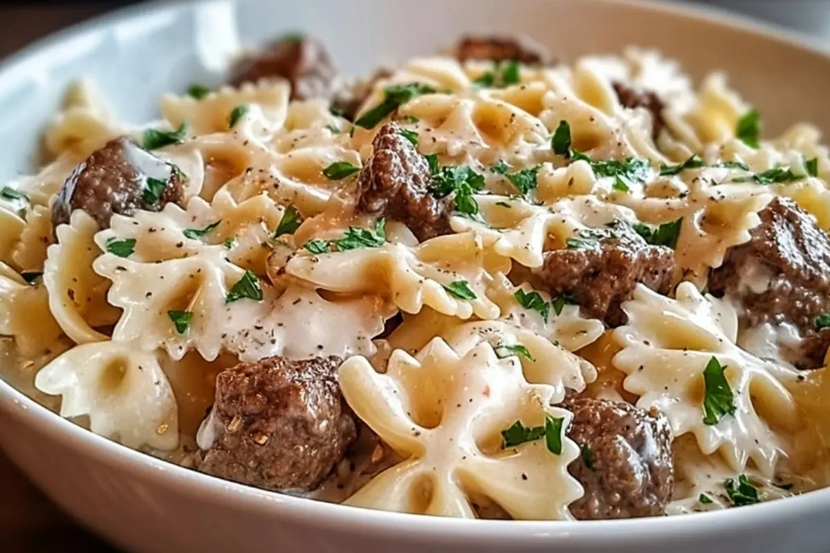 Beef and Bowtie Pasta with Alfredo Sauce 1