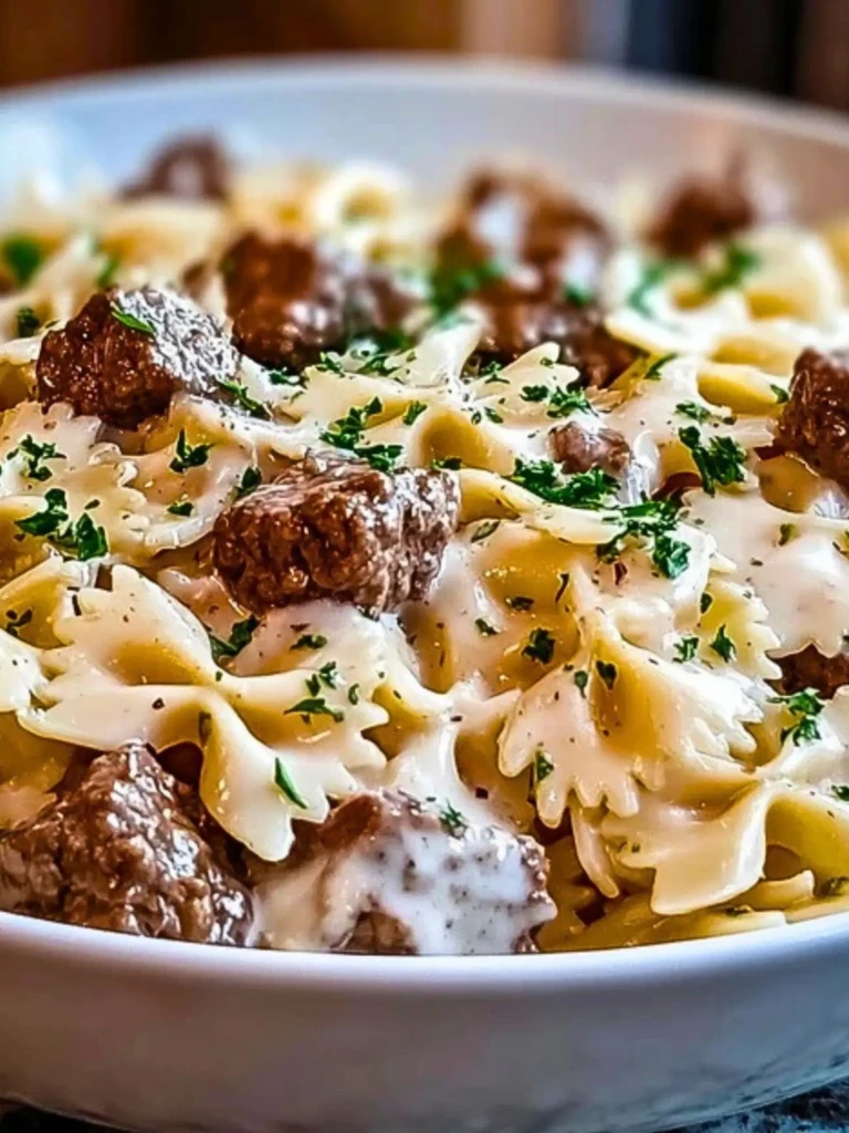 Beef and Bowtie Pasta with Alfredo Sauce 2