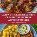 Cajun Chicken Bites with Creamy Garlic Herb Alfredo Twists Pin