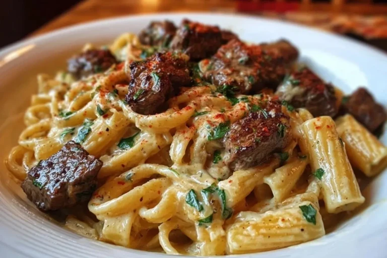 Cajun Garlic Butter Linguine with Tender Beef Strips Rigatoni 1