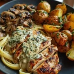 Chestnut Garlic Greek Chicken Alfredo with Sage Potatoes & Mushroom Basil Pesto 1