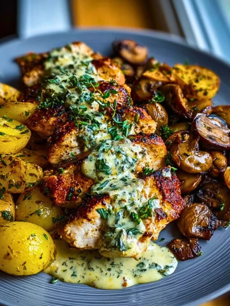 Chestnut Garlic Greek Chicken Alfredo with Sage Potatoes & Mushroom Pesto Cream 2