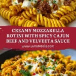 Creamy Mozzarella Rotini with Spicy Cajun Beef and Velveeta Sauce Pin