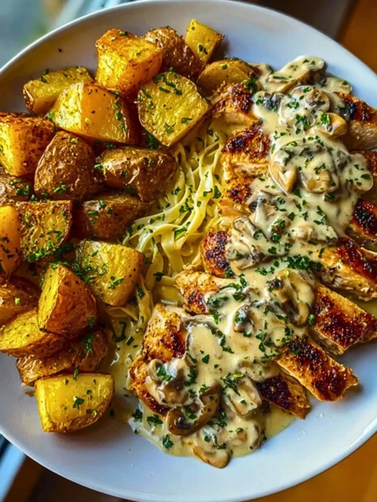 Creamy Mushroom Garlic Chicken Alfredo & Hot Honey Roasted Potatoes 2