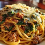 Garlic Butter Spaghetti with Cheesy Italian Sausage and Spinach