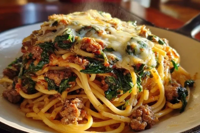 Garlic Butter Spaghetti with Cheesy Italian Sausage and Spinach