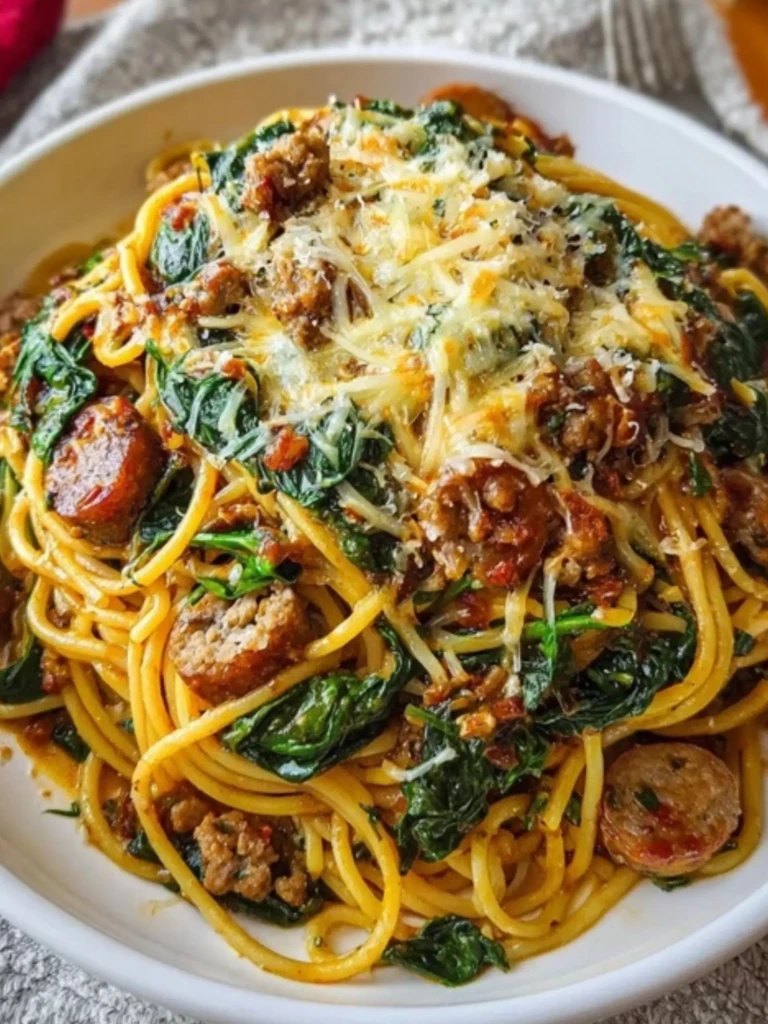 Garlic Butter Spaghetti with Cheesy Italian Sausage and Spinach 2