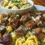 Garlic Butter Steak Bites with Creamy Parmesan Tortellini and Garlic Sauce 1