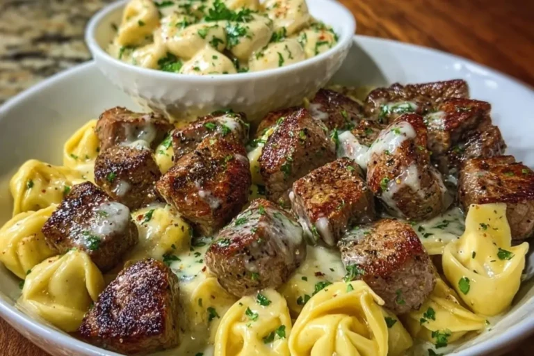 Garlic Butter Steak Bites with Creamy Parmesan Tortellini and Garlic Sauce 1