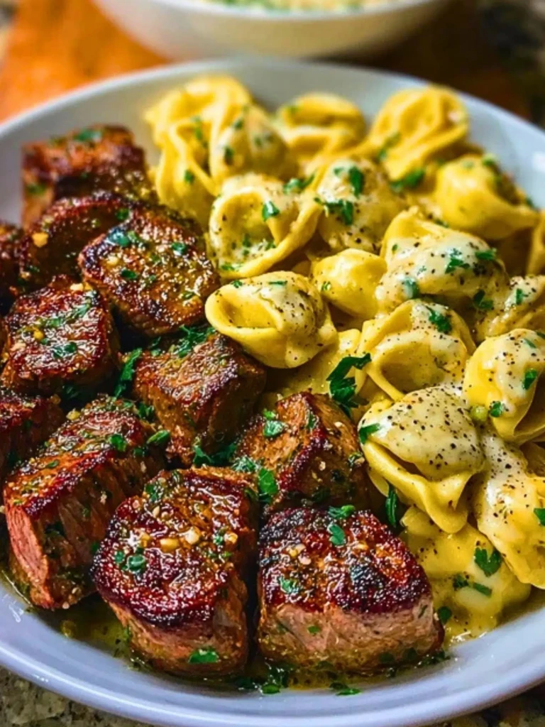 Garlic Butter Steak Bites with Creamy Parmesan Tortellini and Garlic Sauce 2