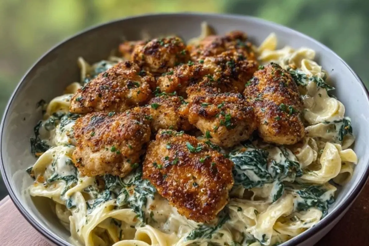Garlic Chicken Bites & Creamy Cajun Spinach Artichoke Alfredo Pasta