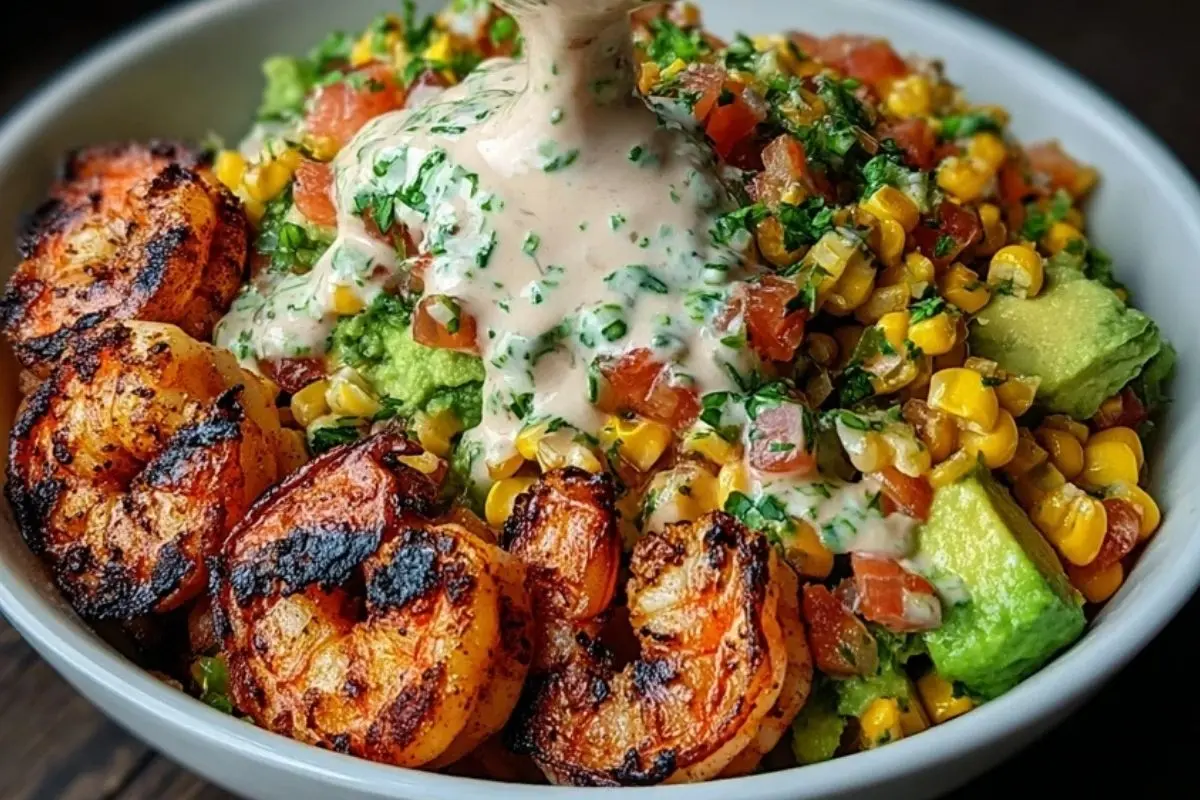 Grilled Shrimp Bowl with Avocado, Corn Salsa & Creamy Sauce 1