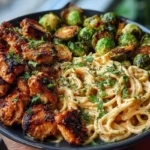 Maple Garlic Chicken Bites with Spicy Cajun Alfredo & Crispy Brussels Twists 1