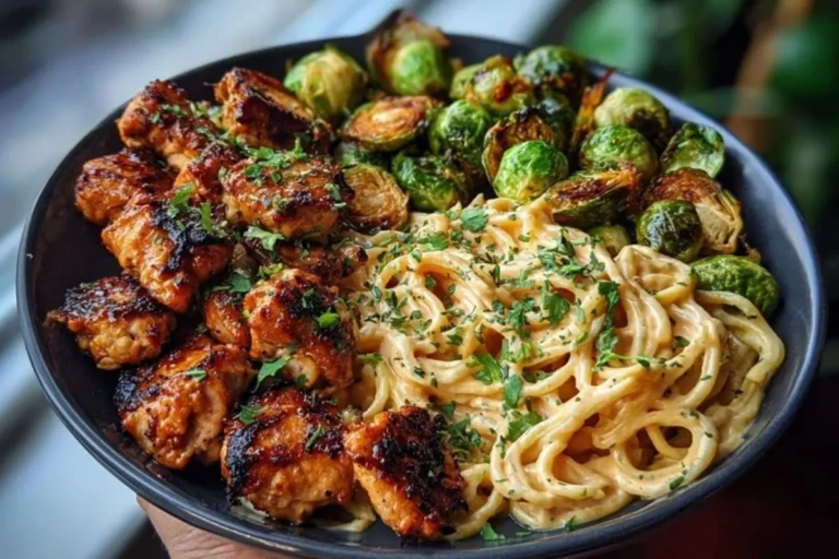 Maple Garlic Chicken Bites with Spicy Cajun Alfredo & Crispy Brussels Twists 1
