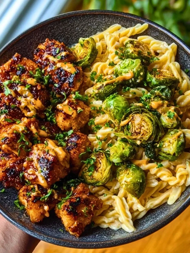 Maple Garlic Chicken Bites with Spicy Cajun Alfredo & Crispy Brussels Twists 2
