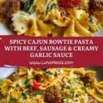 Spicy Cajun Bowtie Pasta with Beef, Sausage & Creamy Garlic Sauce Pin