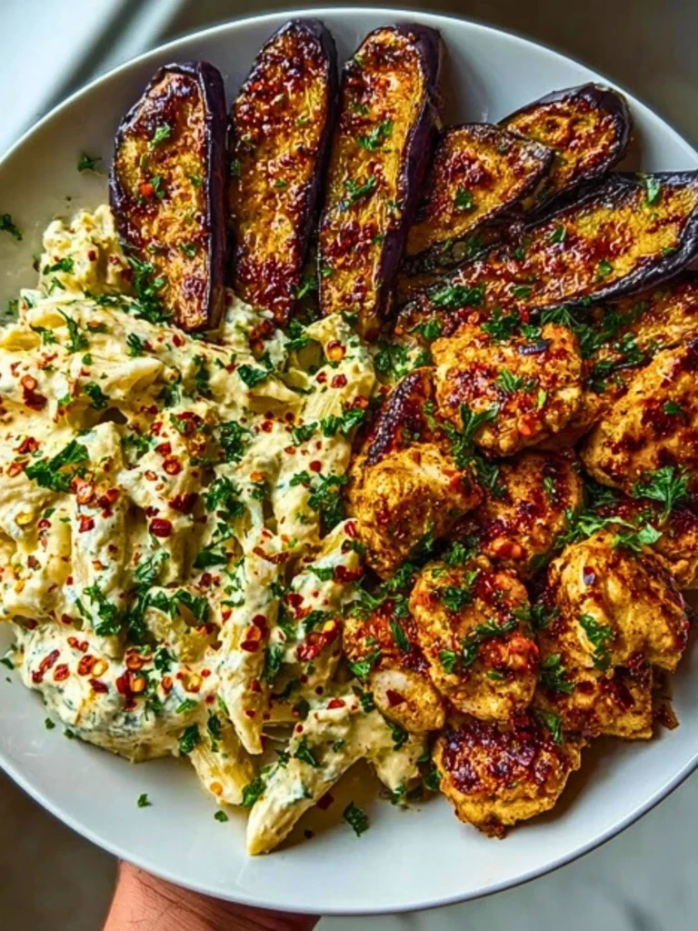 Spicy Whipped Feta Chicken Alfredo with Crispy Eggplant Wedges & Chili Oil Drizzle 2