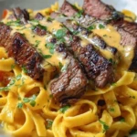 Velveeta Steak Fettuccine with Garlic Butter Cream Sauce