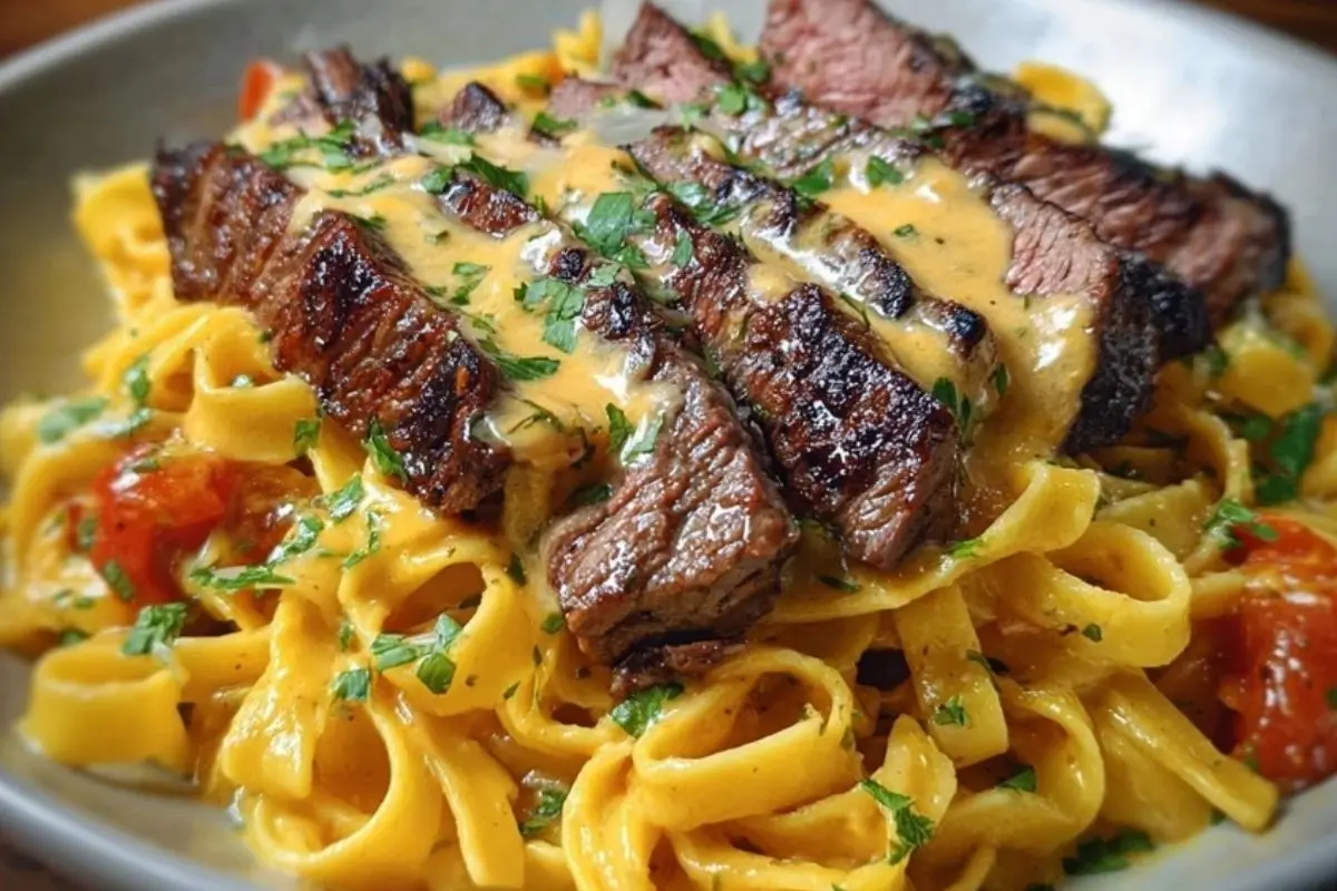 Velveeta Steak Fettuccine with Garlic Butter Cream Sauce