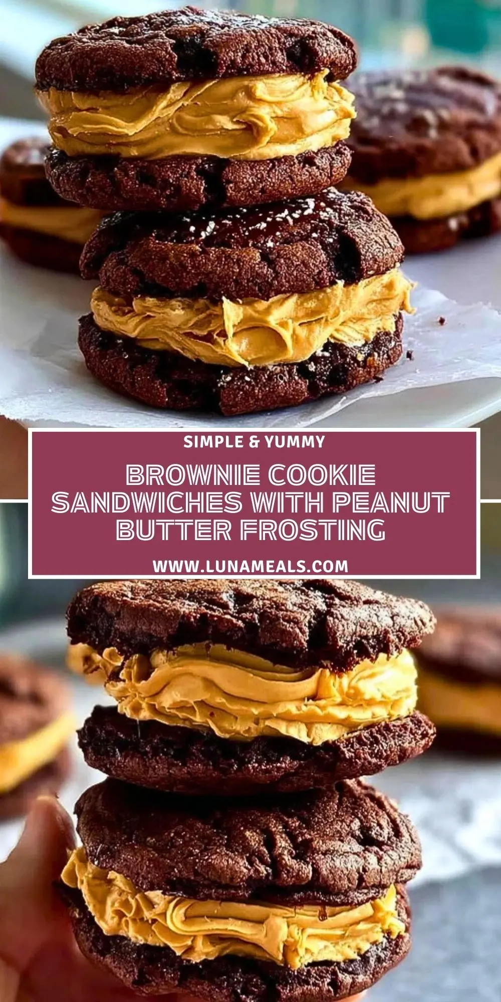 Brownie Cookie Sandwiches with Peanut Butter Frosting Pin 1