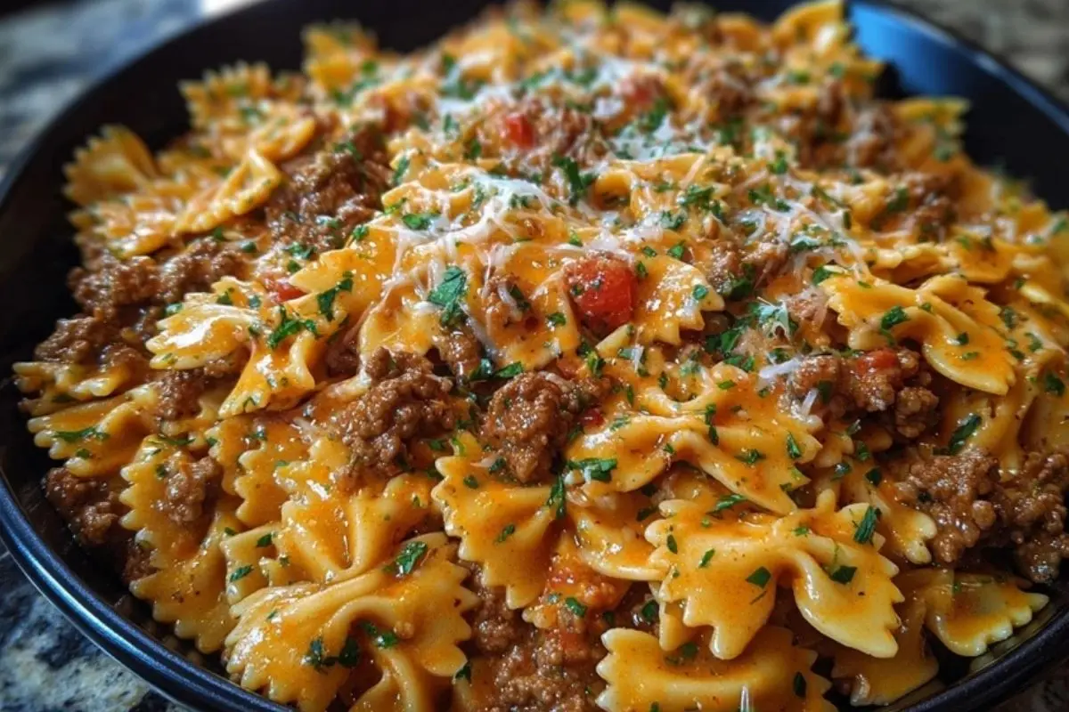 Cajun Cream Cheese Alfredo Bowties with Spiced Ground Beef 1