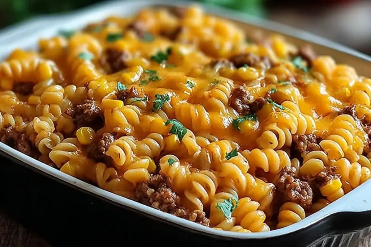Cheesy Beef and Sweet Corn Rotini Bake 1
