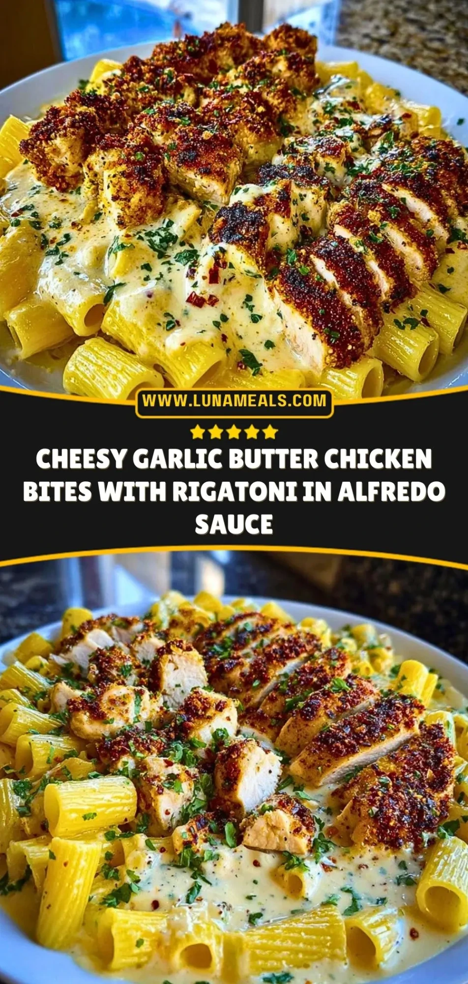 Cheesy Garlic Butter Chicken Bites with Rigatoni in Alfredo Sauce Pin 2