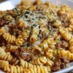 Cheesy Garlic Twisted Pasta with Cajun Ground Beef and Alfredo Velveeta 1