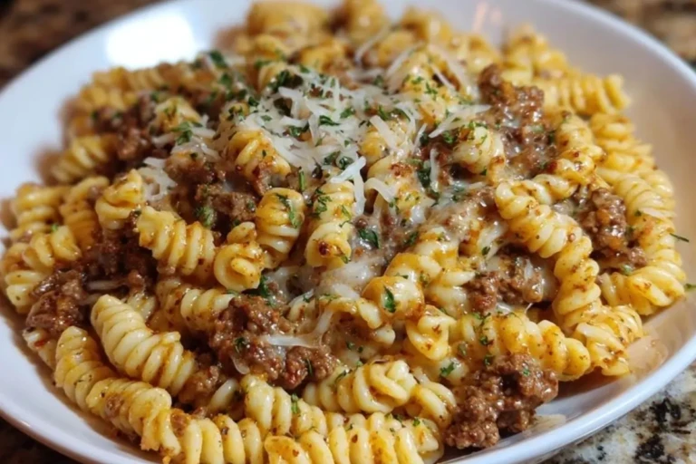 Cheesy Garlic Twisted Pasta with Cajun Ground Beef and Alfredo Velveeta 1