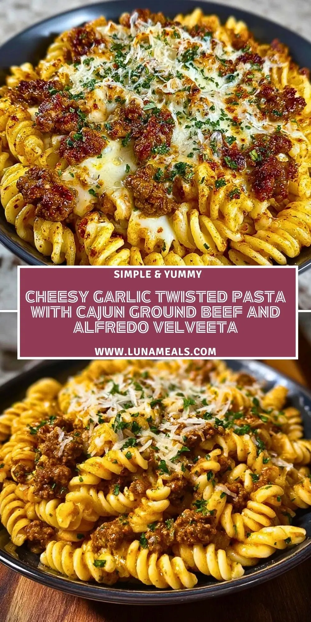 Cheesy Garlic Twisted Pasta with Cajun Ground Beef and Alfredo Velveeta Pin 1