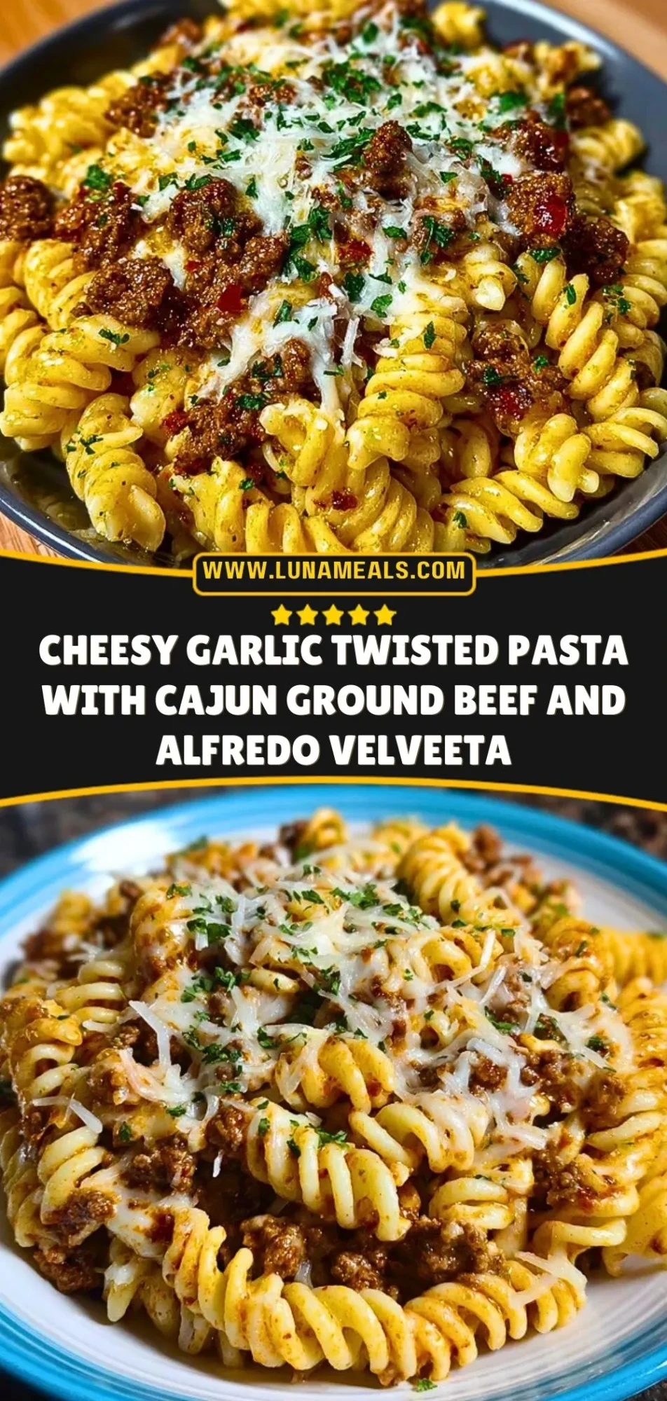 Cheesy Garlic Twisted Pasta with Cajun Ground Beef and Alfredo Velveeta Pin 2