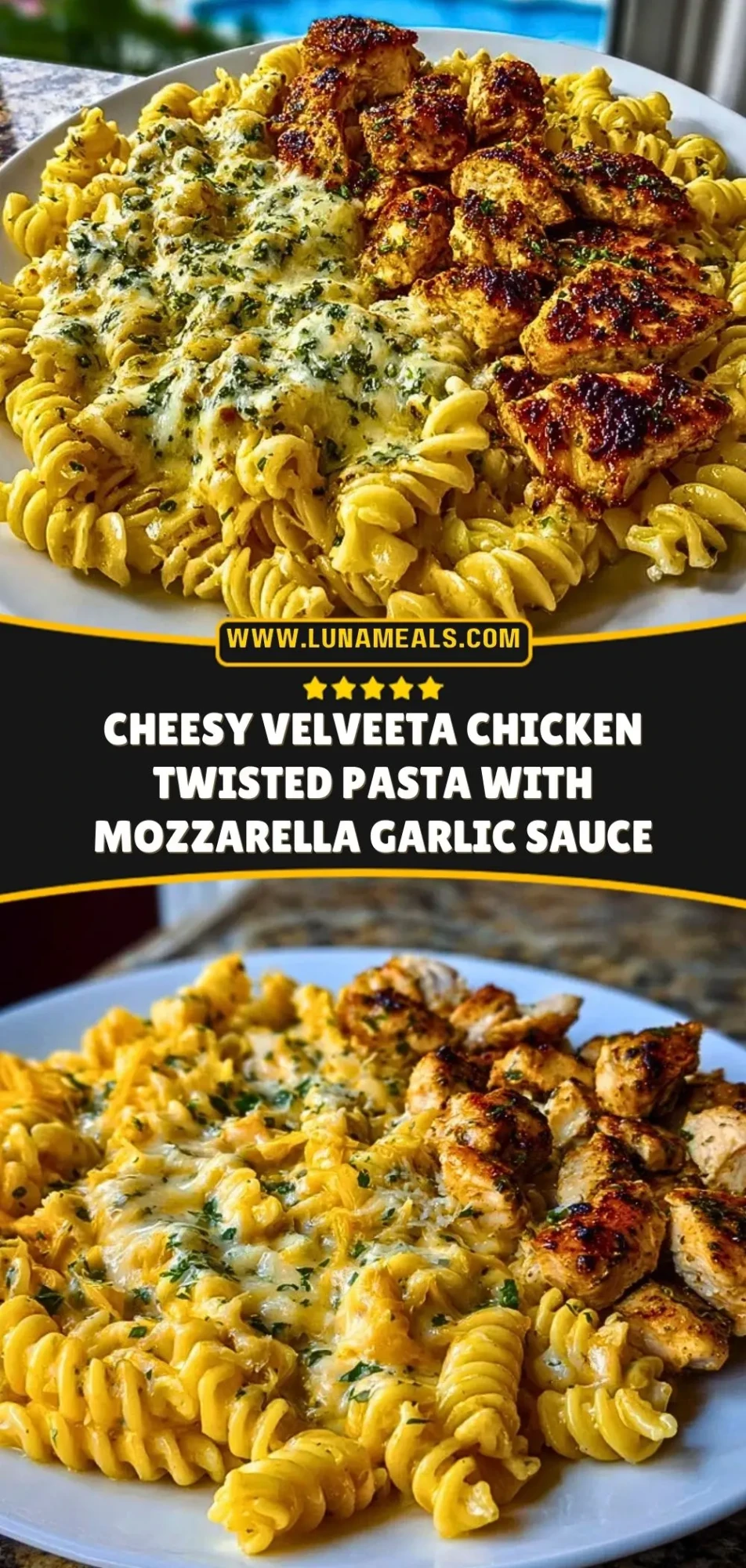 Cheesy Velveeta Chicken Twisted Pasta with Mozzarella Garlic Sauce Pin 2