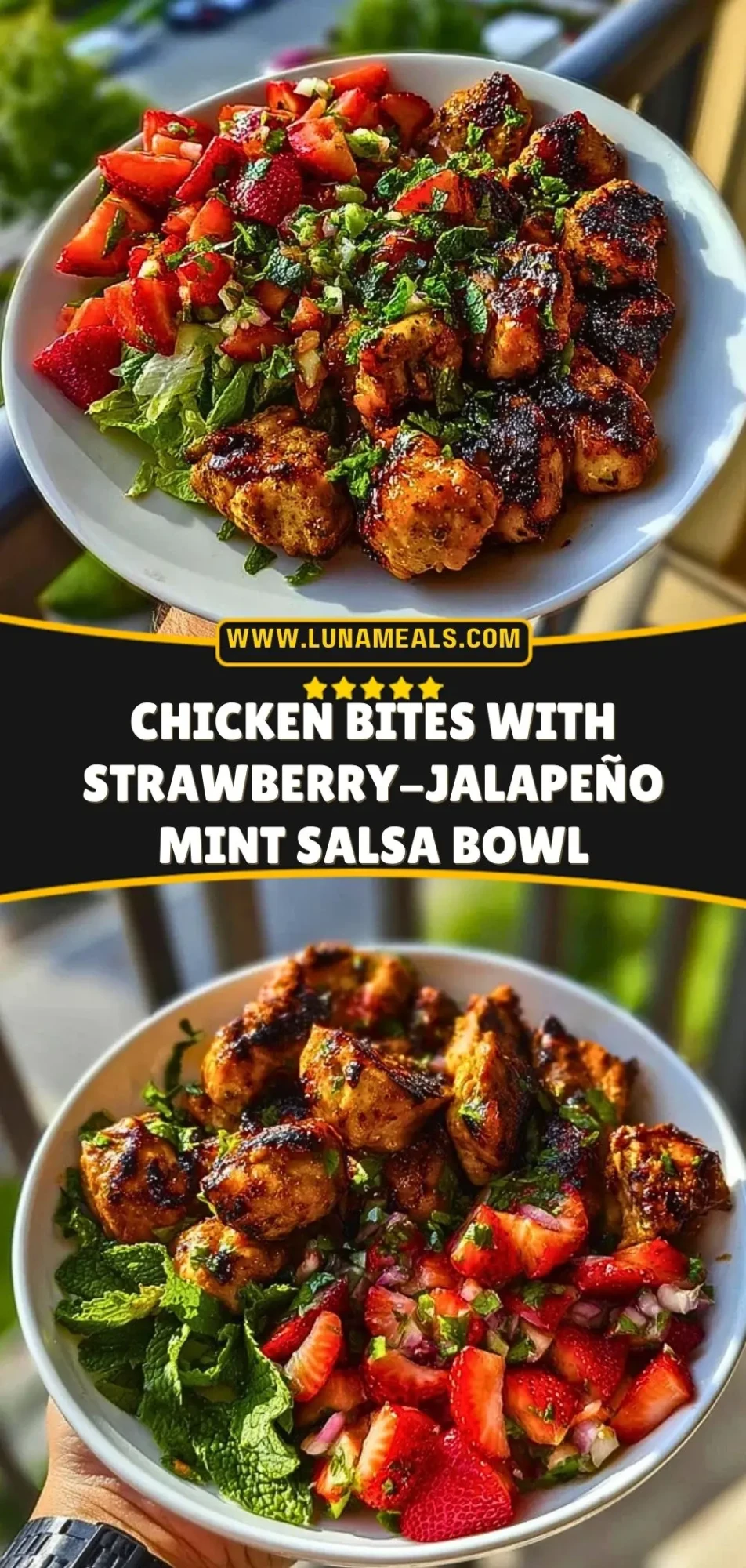 Chicken Bites with Strawberry-Jalapeño Mint Salsa Bowl Pin 2