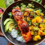 Chili Onion Crisp Salmon Bowl with Avocado Mango Salsa 1