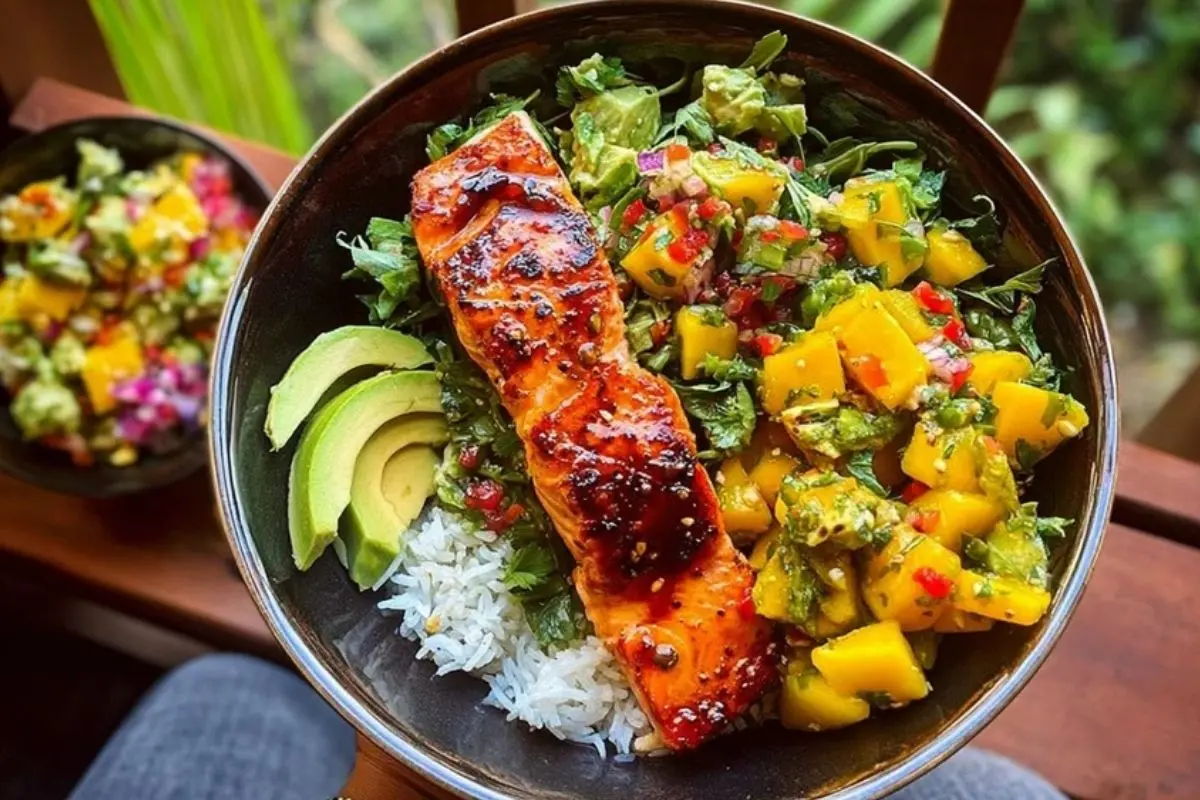 Chili Onion Crisp Salmon Bowl with Avocado Mango Salsa 1