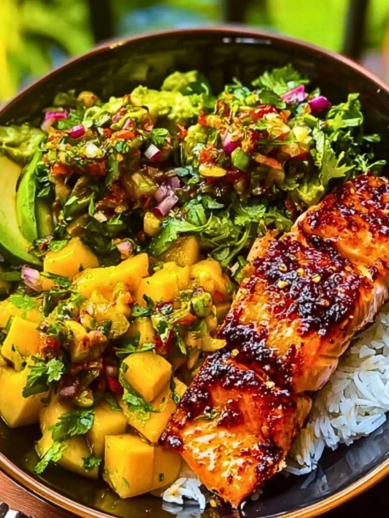 Chili Onion Crisp Salmon Bowl with Avocado Mango Salsa 2