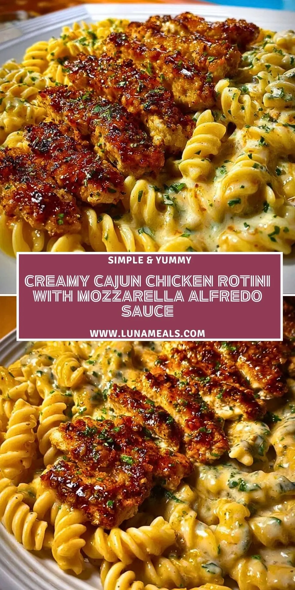 Creamy Cajun Chicken Rotini with Mozzarella Alfredo Sauce Pin 1
